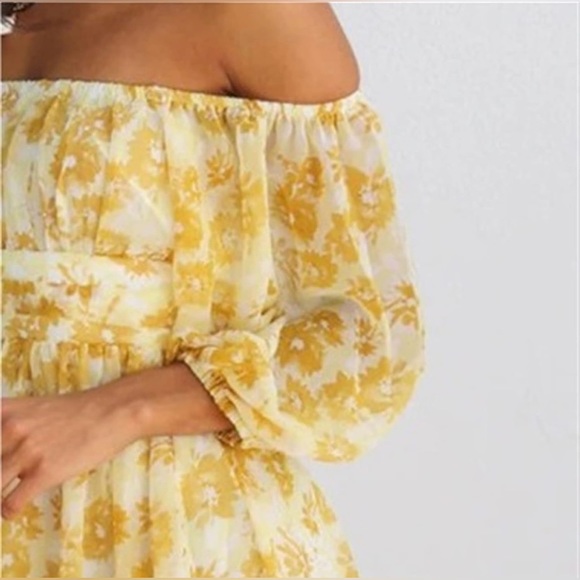 YELLOW AND WHITE OFF SHOULDER TIE BACK FLORAL SPRING MINI DRESS (medium) tags - Picture 8 of 16